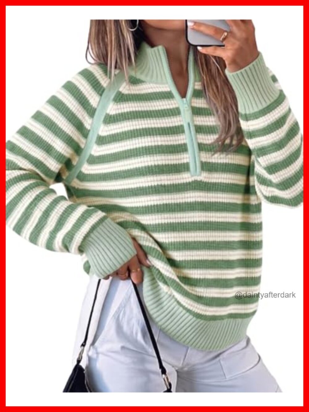 Women Half Zip Ribbed Knit Striped Pullover Sweater with Thumb Holes